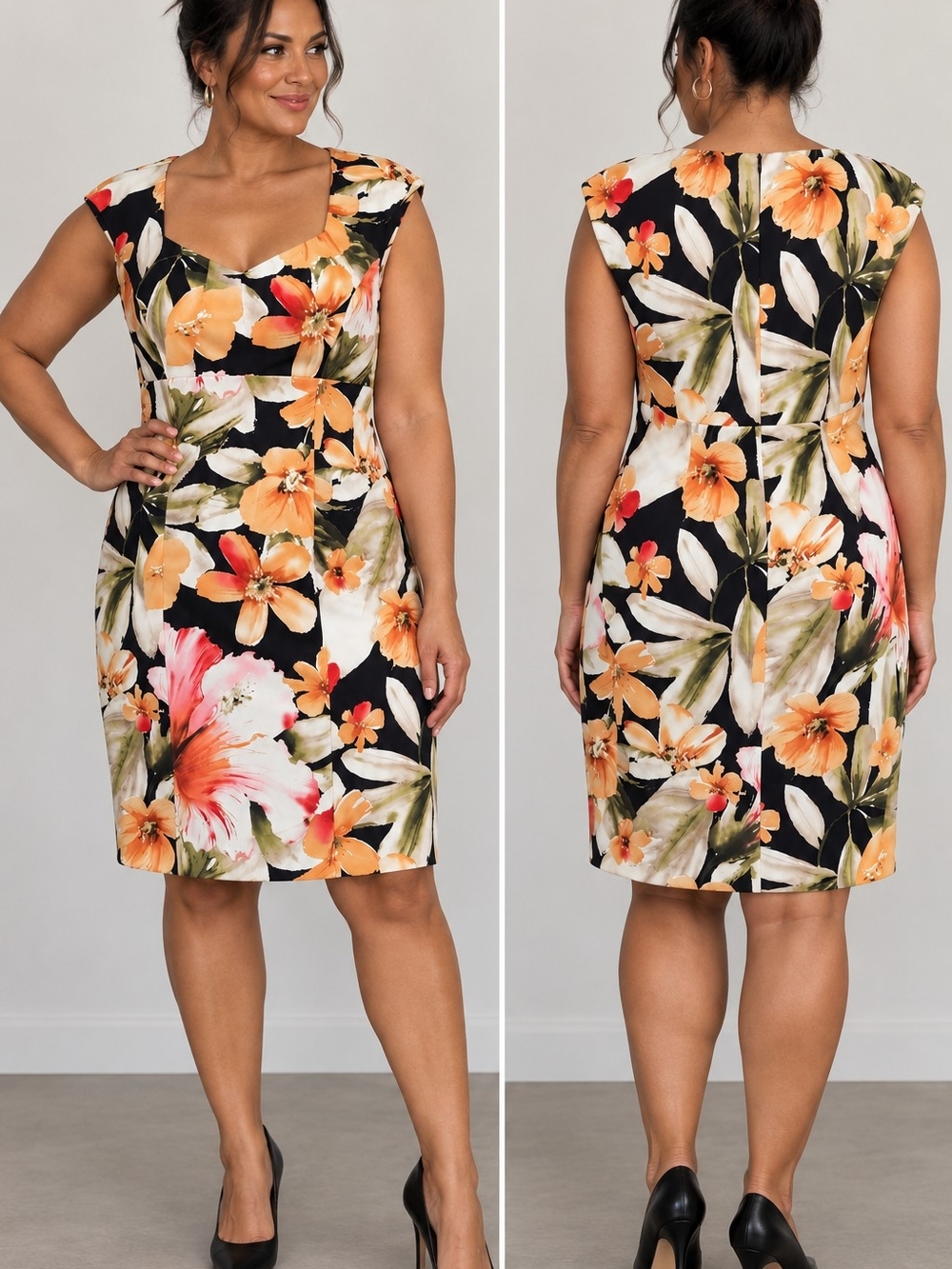 Floral Cap-Sleeve Sheath Dress in Black and Orange
